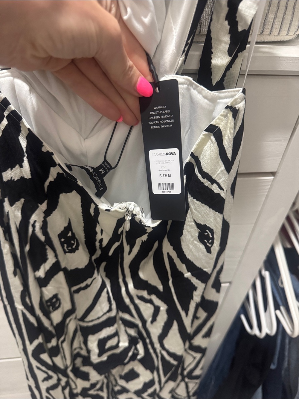 Fashion Nova Black & White Geometric Cutout Halter Jumpsuit - Picture 4 of 5